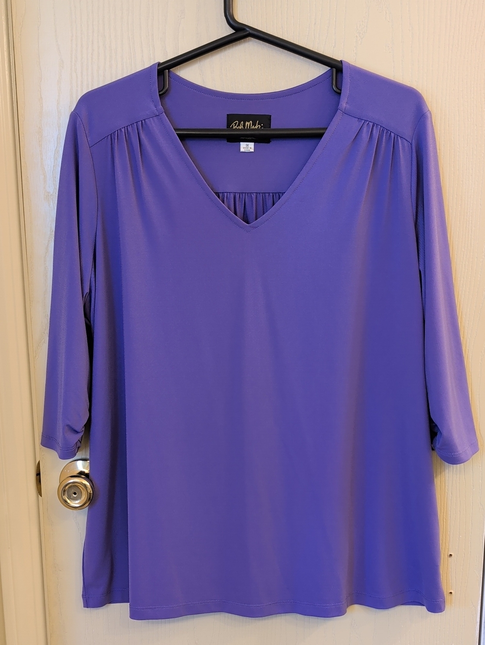 Bob Mackie Wearable Art Violet V-Neck Top 1X | Ruched Sleeve Stretch Blouse
